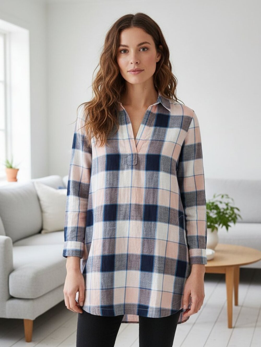 Lou Grey S Blue White Pink Plaid Popover Top LS Tunic Preppy Casual Academia